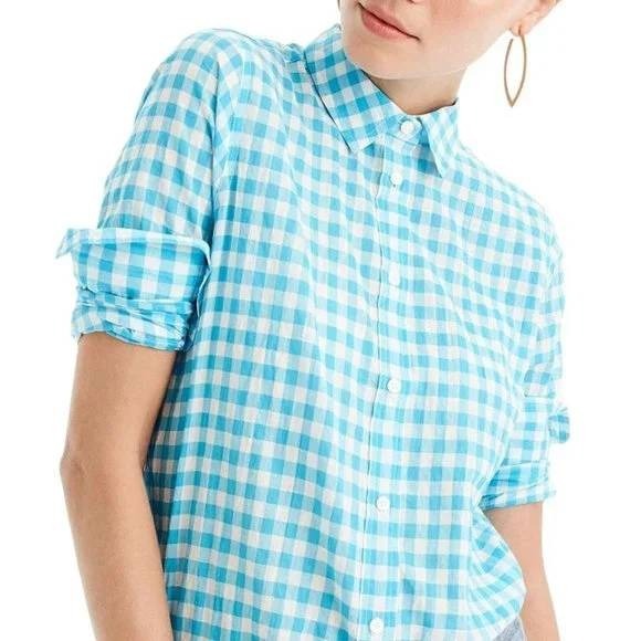 J. Crew Tops - J.Crew‎ Classic Fit Boy Crinkle Gingham Shirt Women's 6 Blue Career Preppy